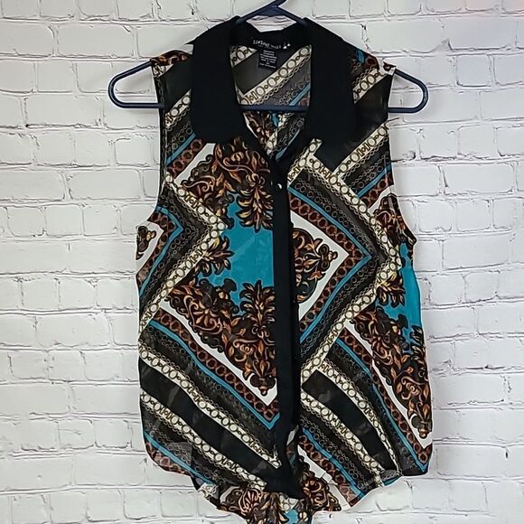 Living Doll LA Women's Size Medium Multi-Color Scarf Print Sleeveless Blouse Top - Picture 8 of 9
